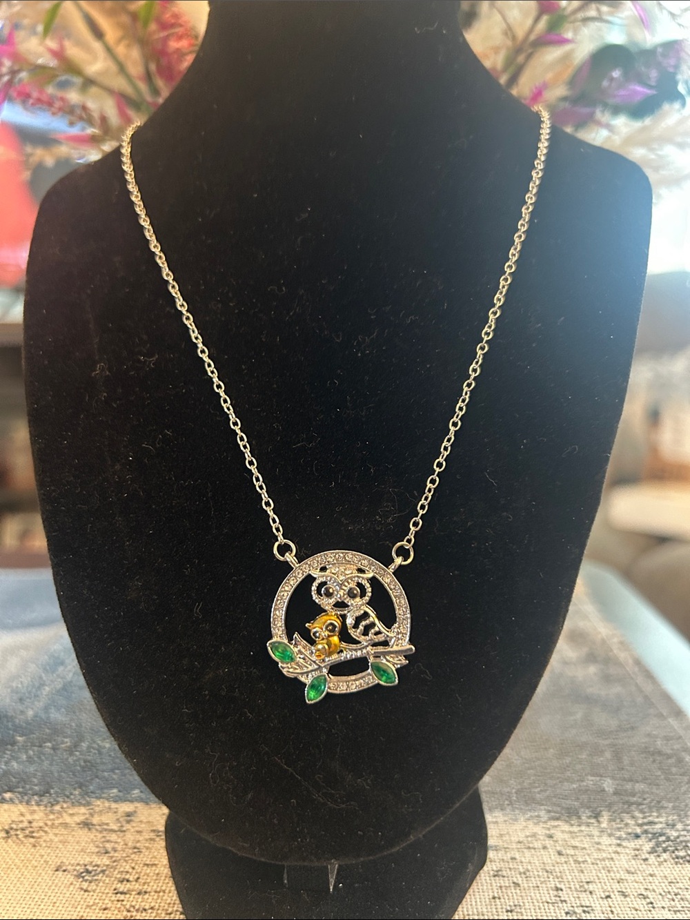 Sterling Silver Owl Pendant Necklace with Green Enamel Leaves